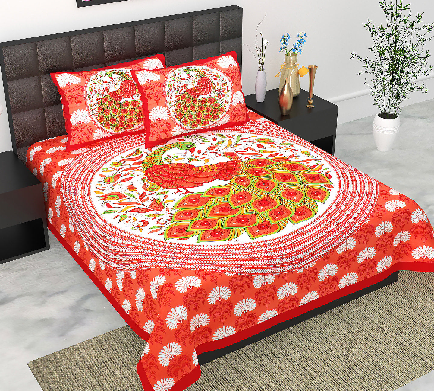 Cotton Double Jaipuri Prints Flat Bedsheet  With 2 Pillow Cover