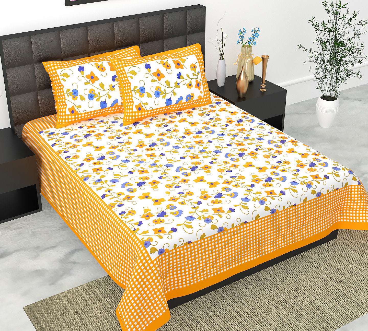 Cotton Double Jaipuri Prints Flat Bedsheet  With 2 Pillow Cover