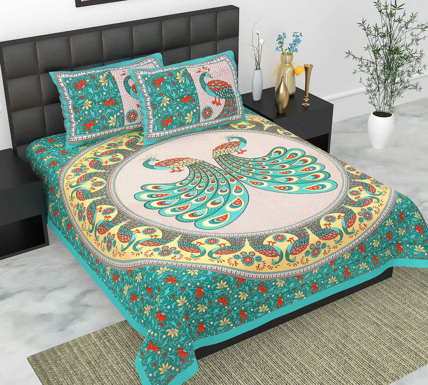 Cotton Double Jaipuri Prints Flat Bedsheet  With 2 Pillow Cover