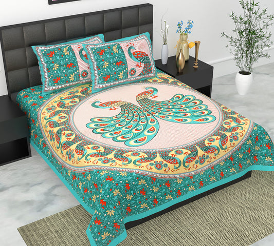 Cotton Double Jaipuri Prints Flat Bedsheet  With 2 Pillow Cover