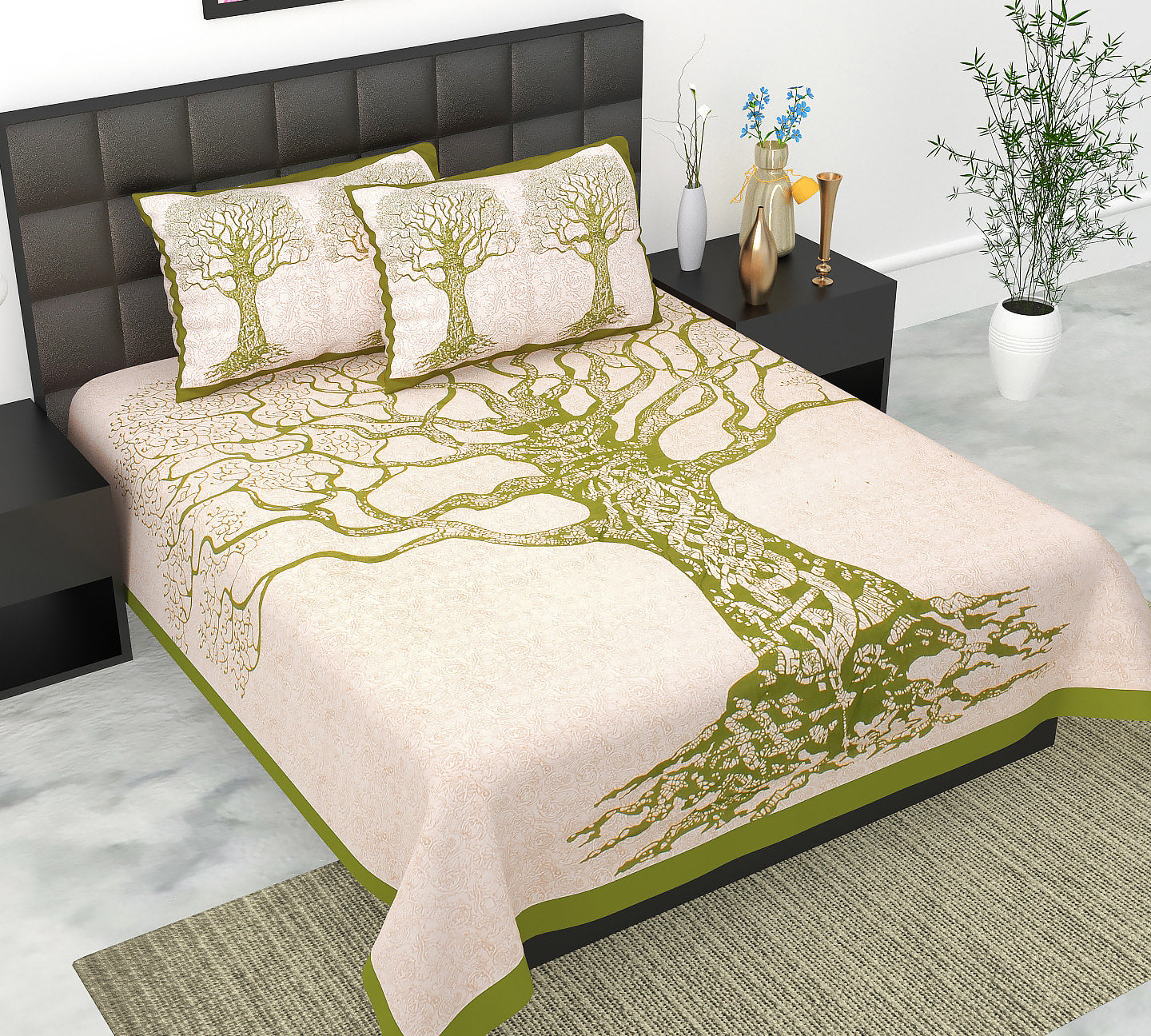 Cotton Double Jaipuri Prints Flat Bedsheet  With 2 Pillow Cover