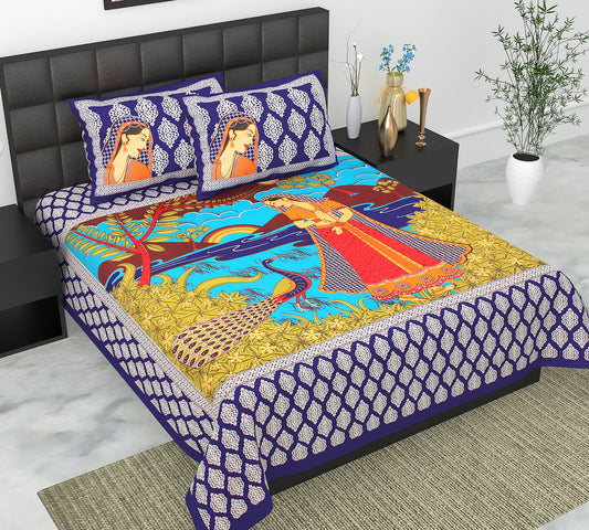 Cotton Double Jaipuri Prints Flat Bedsheet  With 2 Pillow Cover