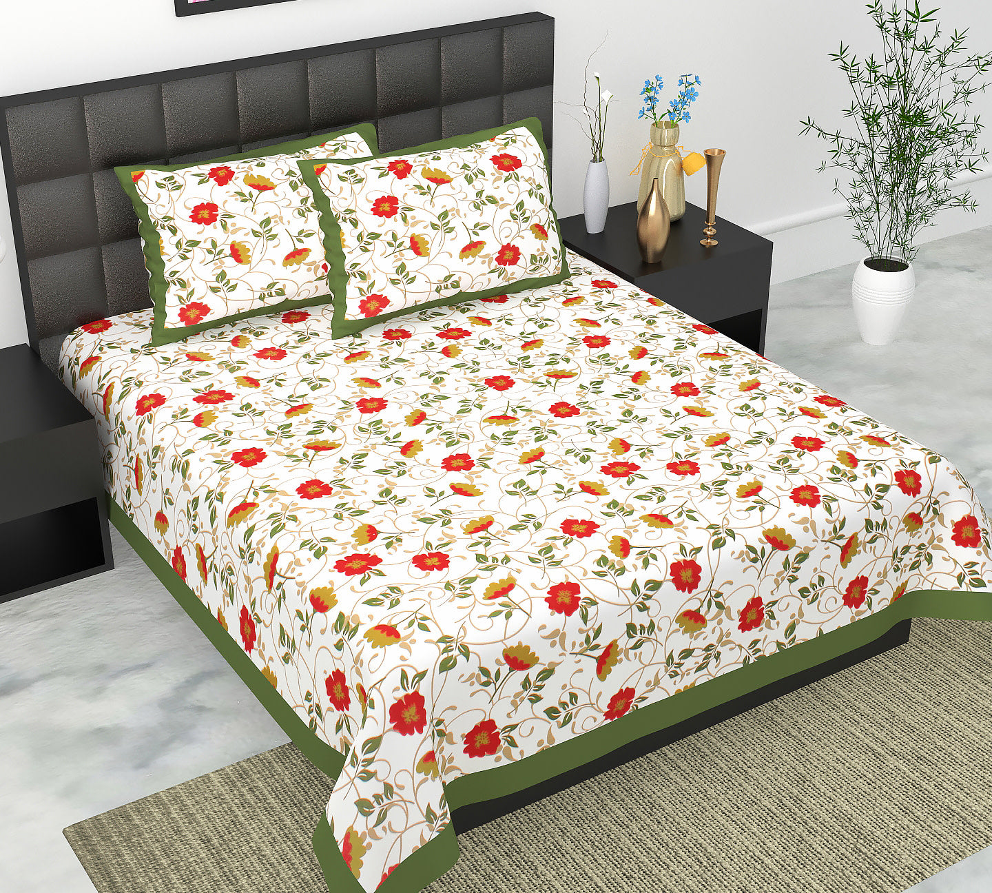 Cotton Double Jaipuri Prints Flat Bedsheet  With 2 Pillow Cover