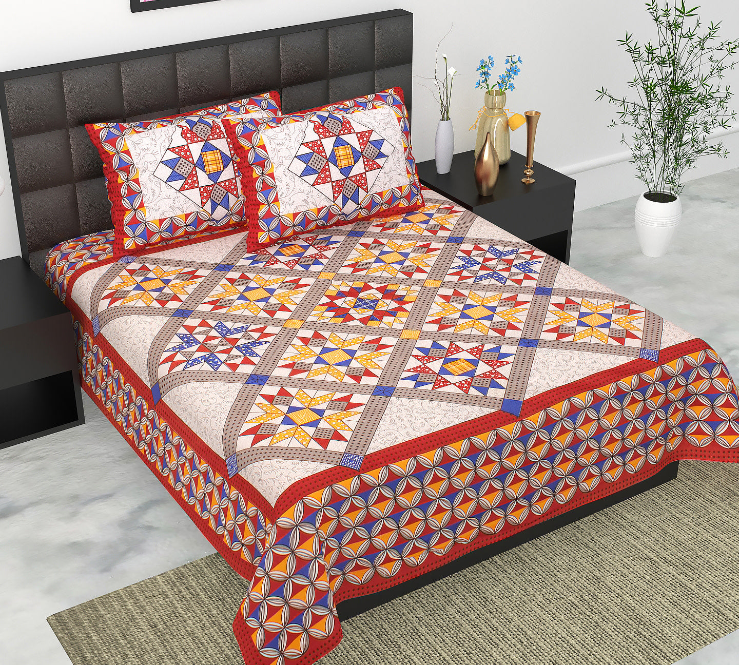 Cotton Double Jaipuri Prints Flat Bedsheet  With 2 Pillow Cover