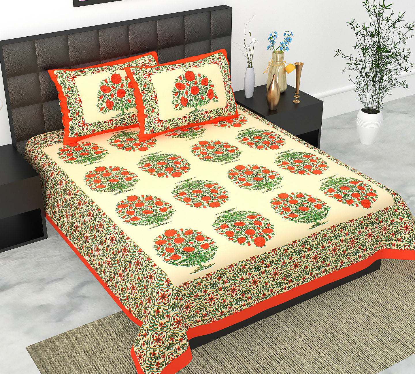 Cotton Double Jaipuri Prints Flat Bedsheet  With 2 Pillow Cover