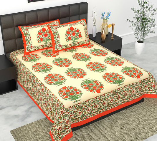 Cotton Double Jaipuri Prints Flat Bedsheet  With 2 Pillow Cover