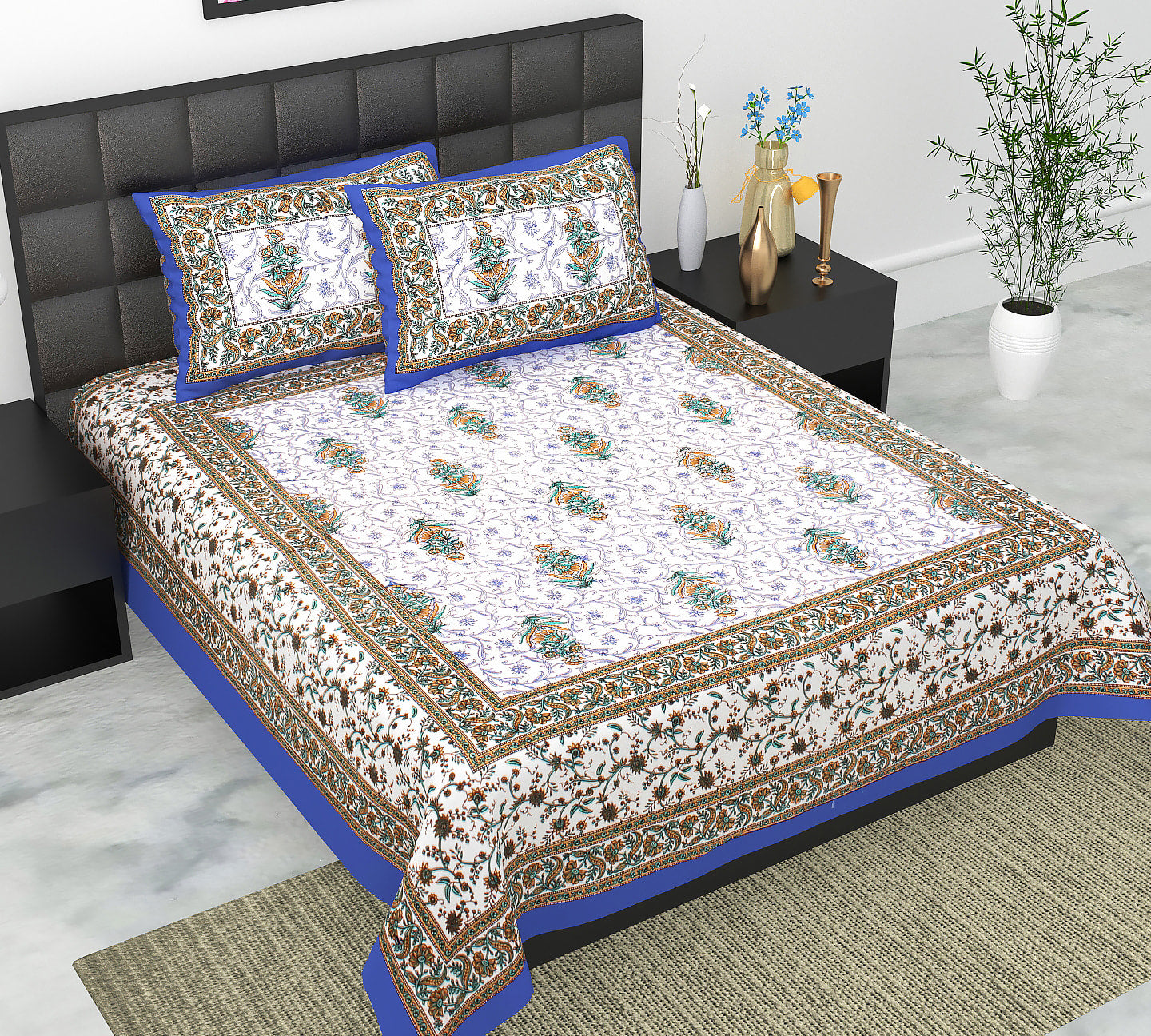 Cotton Double Jaipuri Prints Flat Bedsheet  With 2 Pillow Cover