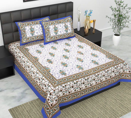 Cotton Double Jaipuri Prints Flat Bedsheet  With 2 Pillow Cover