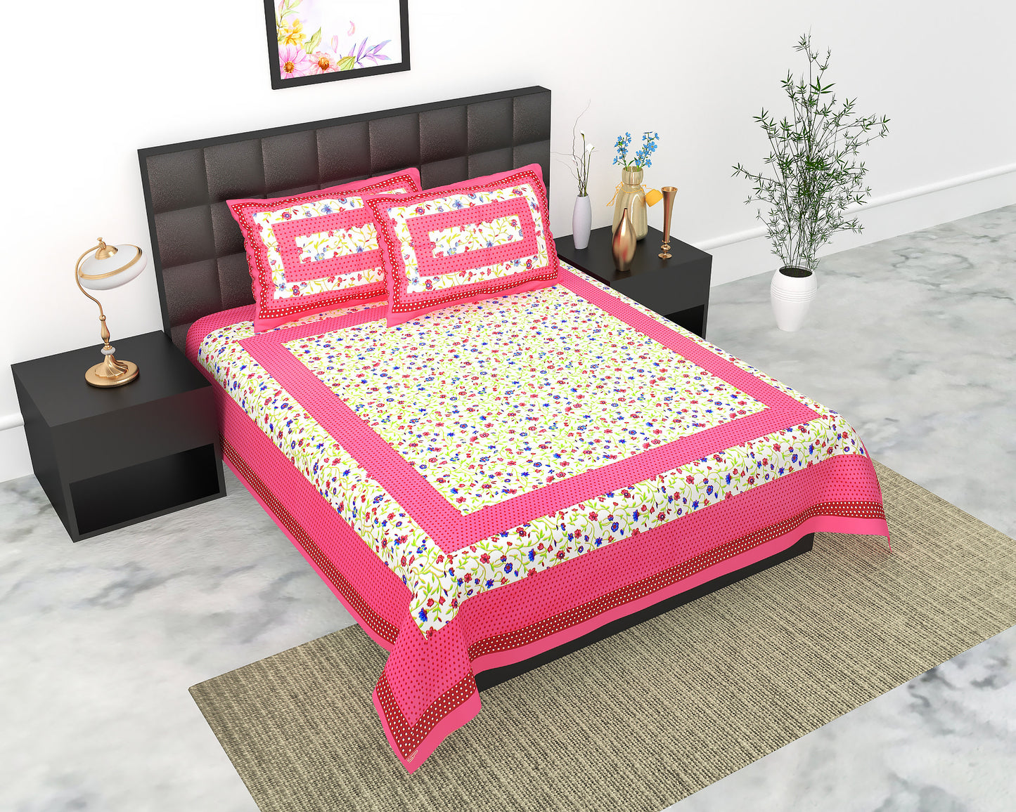 Cotton Double Jaipuri Prints Flat Bedsheet  With 2 Pillow Cover