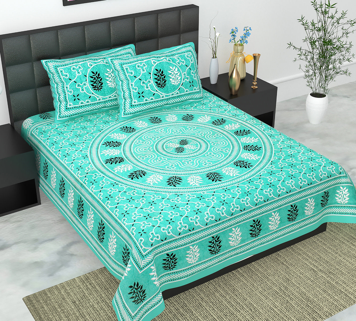 Cotton Double Jaipuri Prints Flat Bedsheet  With 2 Pillow Cover