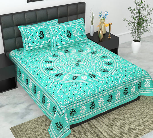 Cotton Double Jaipuri Prints Flat Bedsheet  With 2 Pillow Cover