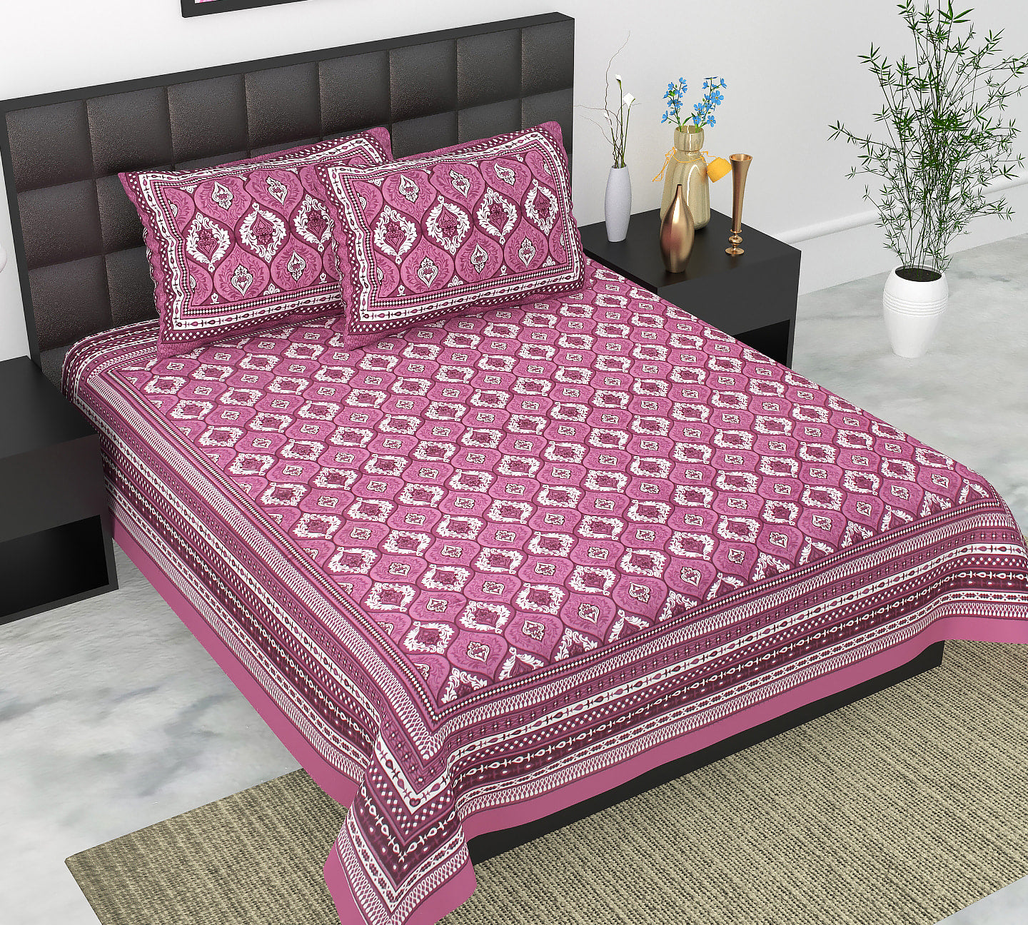 Cotton Double Jaipuri Prints Flat Bedsheet  With 2 Pillow Cover