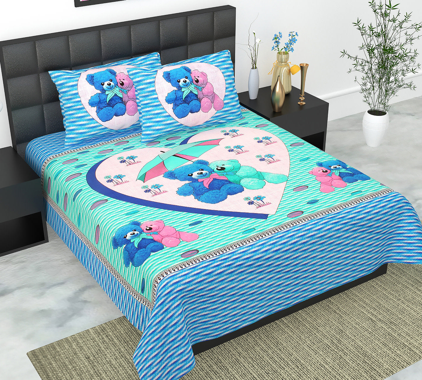 Cotton Double Jaipuri Prints Flat Bedsheet  With 2 Pillow Cover