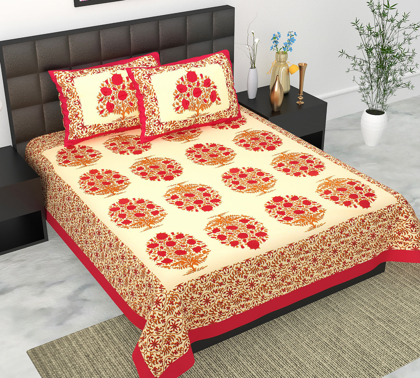 Cotton Double Jaipuri Prints Flat Bedsheet  With 2 Pillow Cover