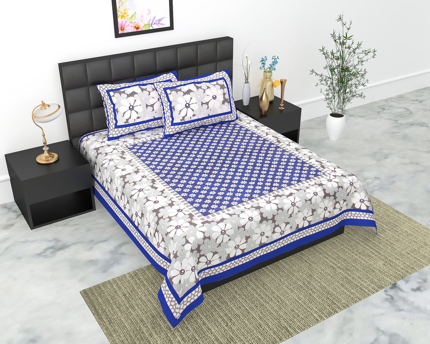 Cotton Double Jaipuri Prints Flat Bedsheet  With 2 Pillow Cover