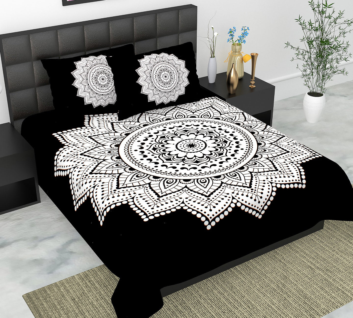 Cotton Double Jaipuri Prints Flat Bedsheet  With 2 Pillow Cover