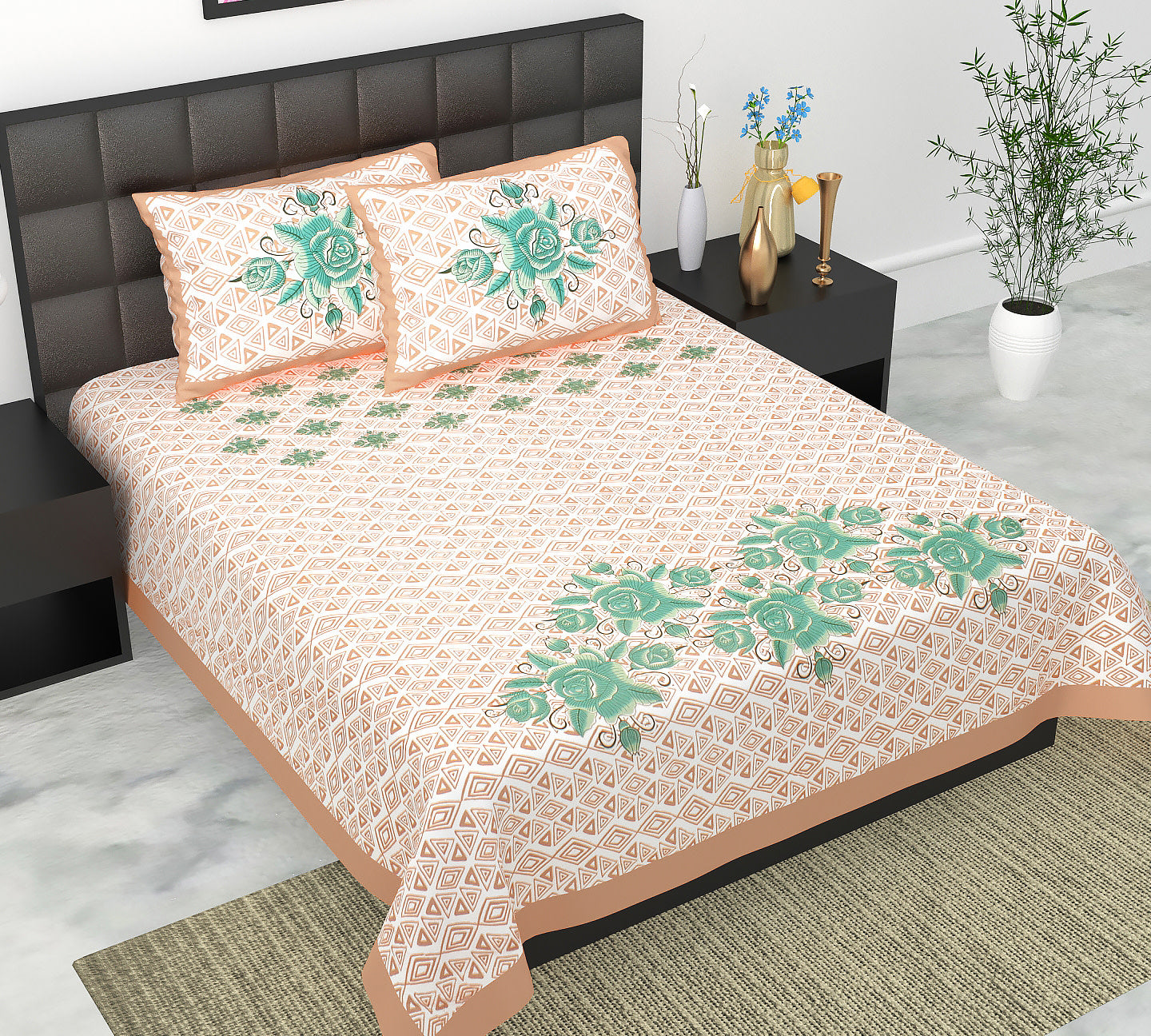 Cotton Double Jaipuri Prints Flat Bedsheet  With 2 Pillow Cover