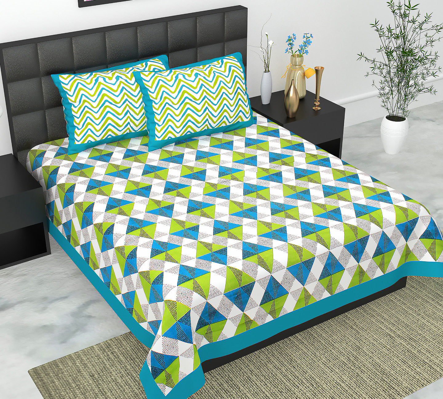 Cotton Double Jaipuri Prints Flat Bedsheet  With 2 Pillow Cover