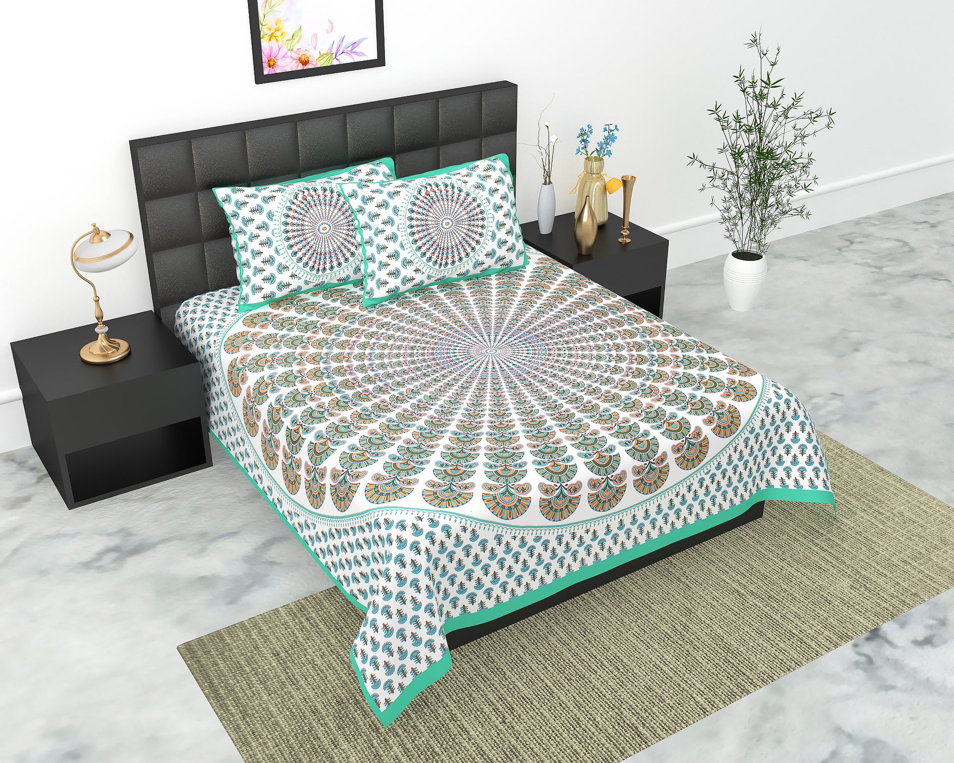 Cotton Double Jaipuri Prints Flat Bedsheet  With 2 Pillow Cover