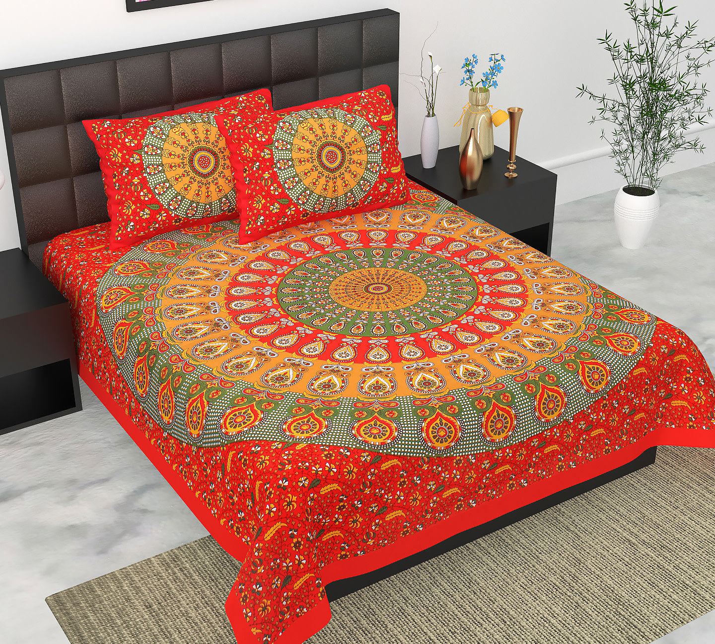 Cotton Double Jaipuri Prints Flat Bedsheet  With 2 Pillow Cover