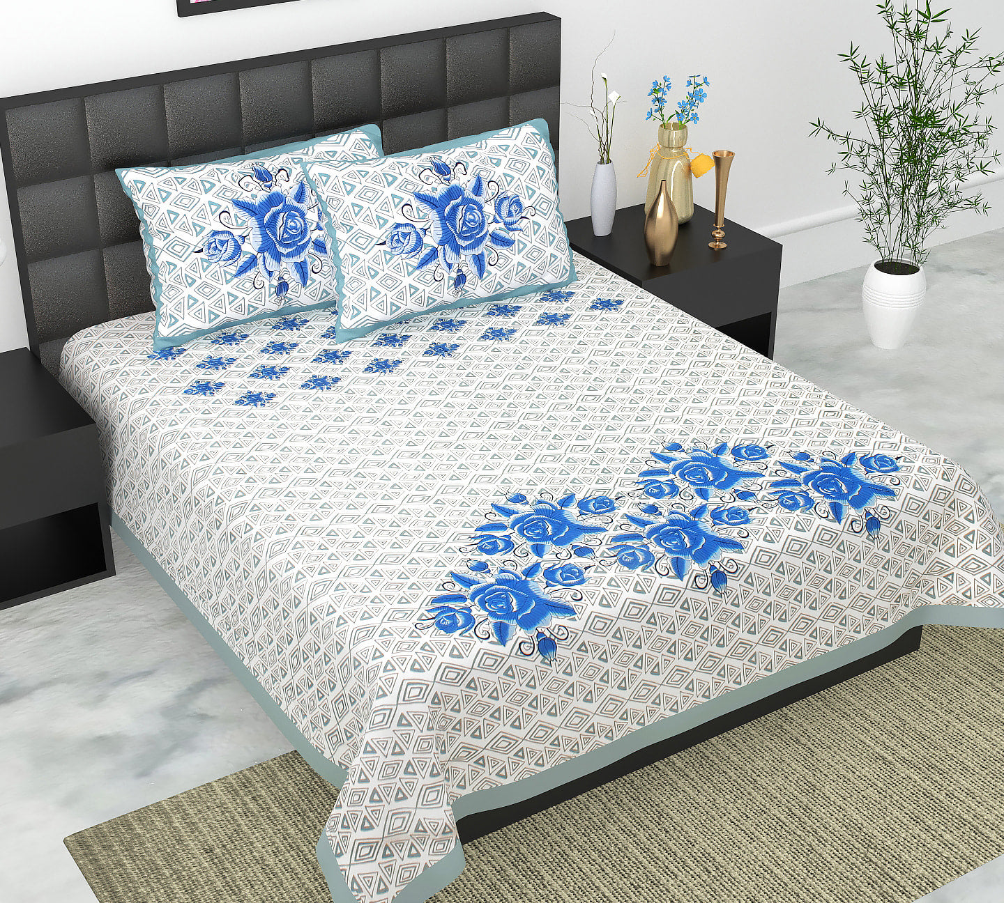 Cotton Double Jaipuri Prints Flat Bedsheet  With 2 Pillow Cover