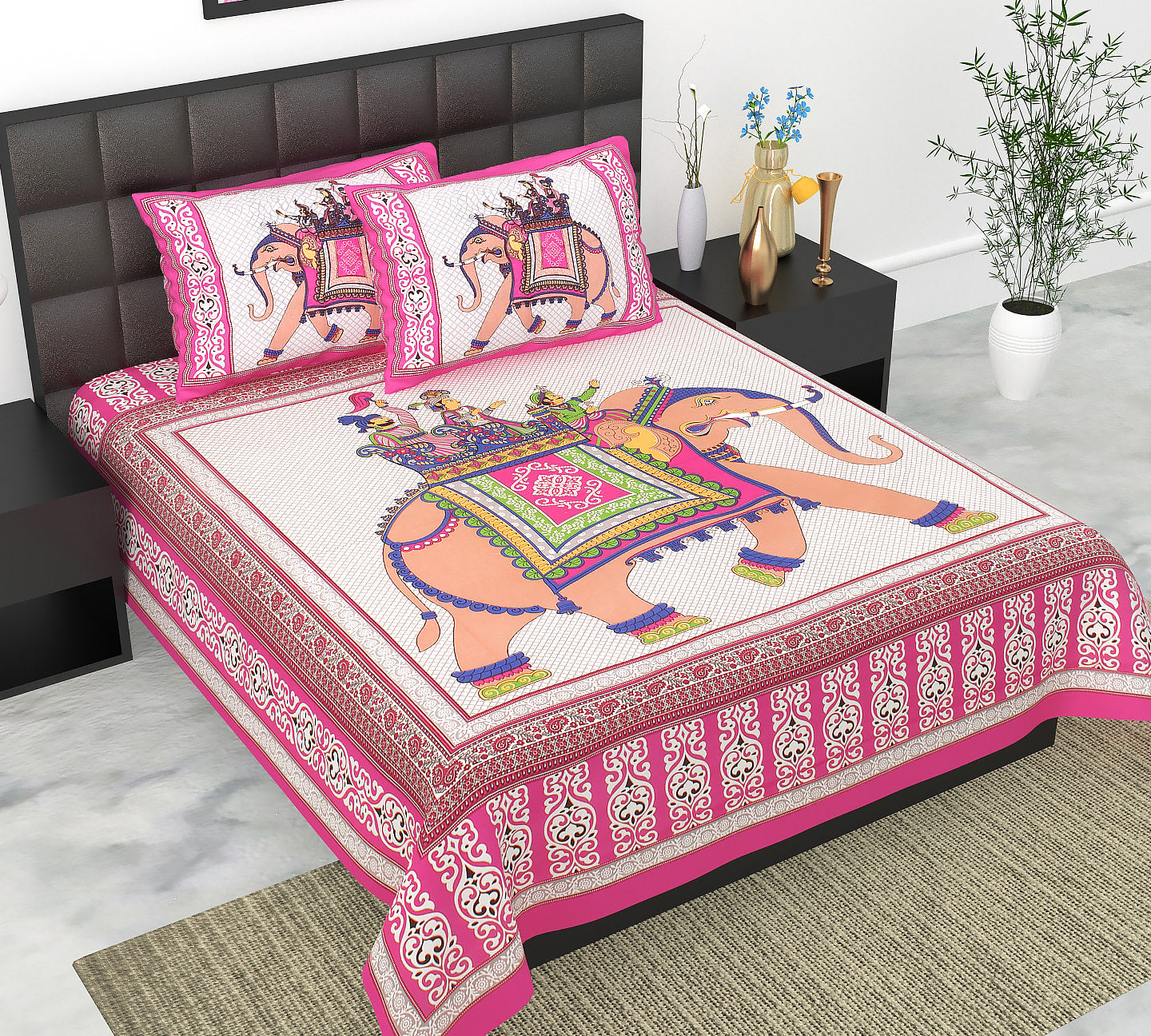 Cotton Double Jaipuri Prints Flat Bedsheet  With 2 Pillow Cover