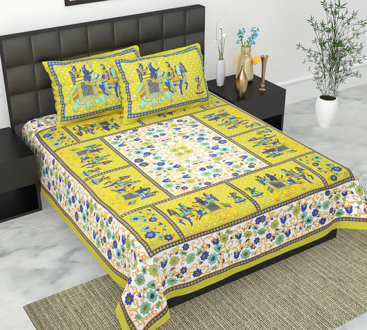 Cotton Double Jaipuri Prints Flat Bedsheet  With 2 Pillow Cover