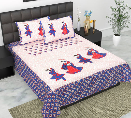 Cotton Double Jaipuri Prints Flat Bedsheet  With 2 Pillow Cover