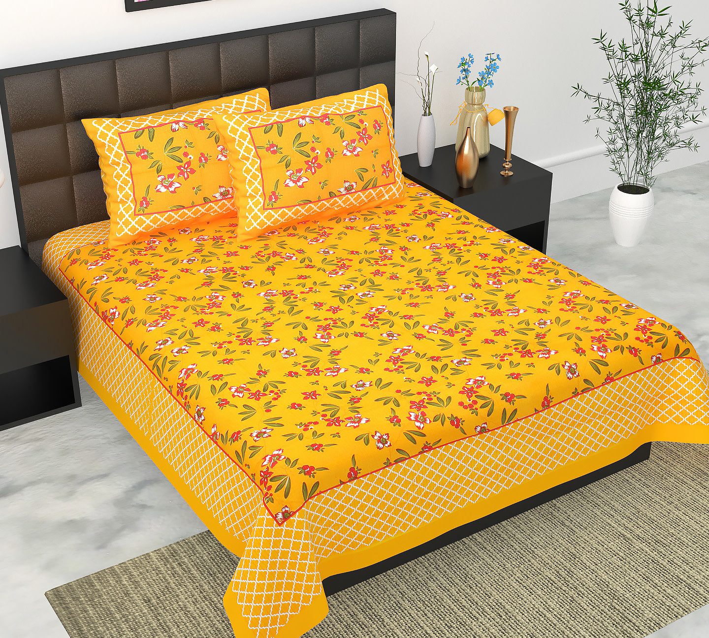 Cotton Double Jaipuri Prints Flat Bedsheet  With 2 Pillow Cover