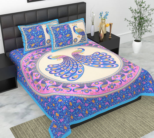 Cotton Double Jaipuri Prints Flat Bedsheet  With 2 Pillow Cover
