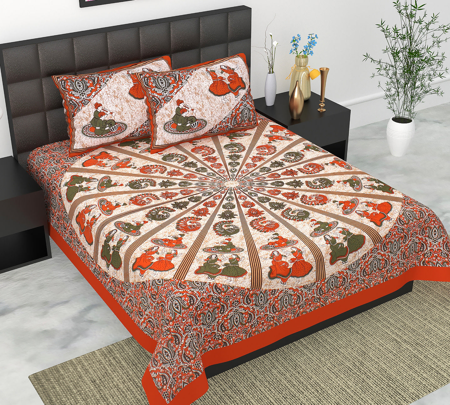 Cotton Double Jaipuri Prints Flat Bedsheet  With 2 Pillow Cover