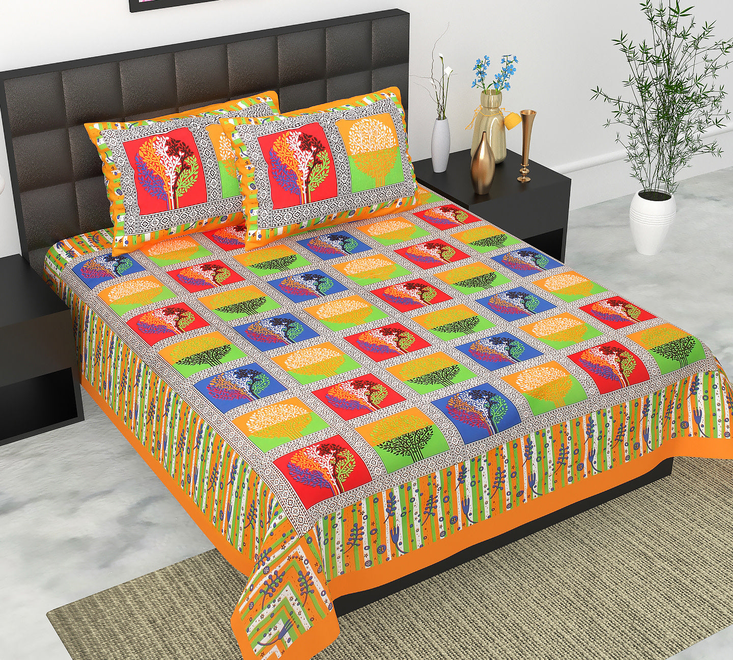 Cotton Double Jaipuri Prints Flat Bedsheet  With 2 Pillow Cover