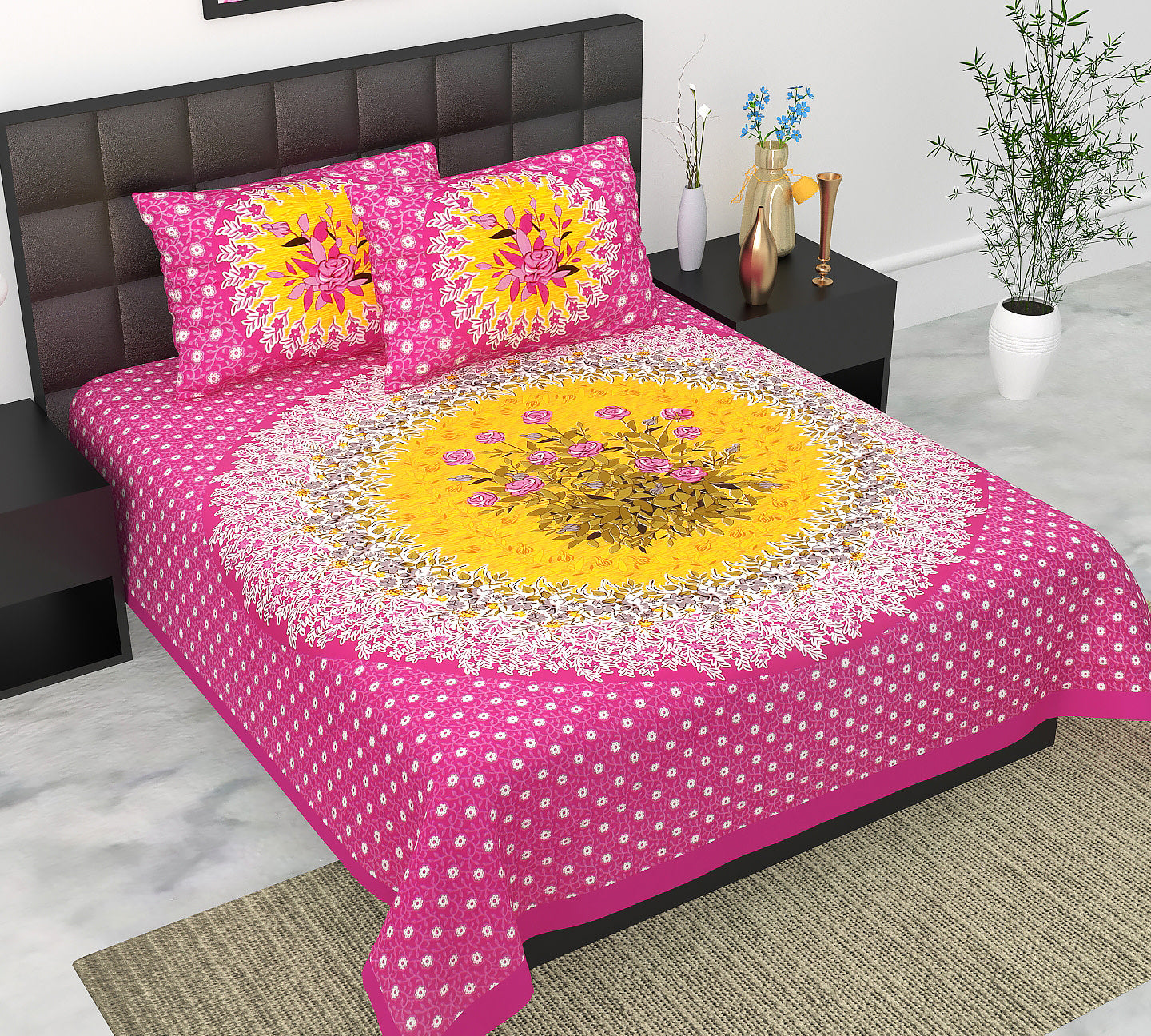 Cotton Double Jaipuri Prints Flat Bedsheet  With 2 Pillow Cover