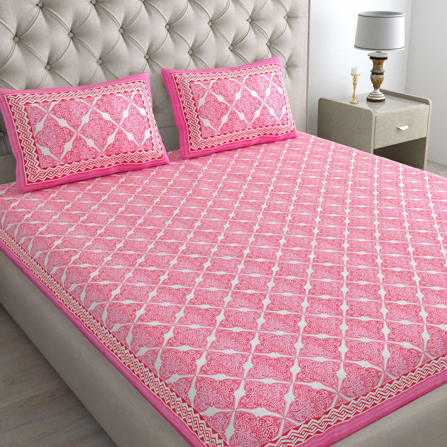Cotton Double Jaipuri Prints Flat Bedsheet  With 2 Pillow Cover
