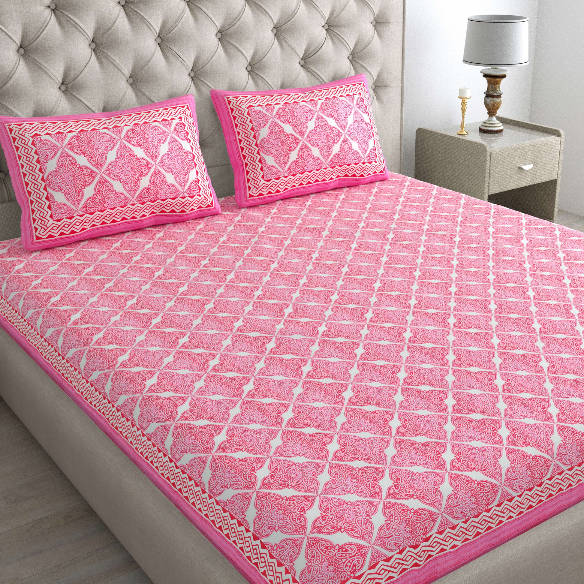 Cotton Double Jaipuri Prints Flat Bedsheet  With 2 Pillow Cover