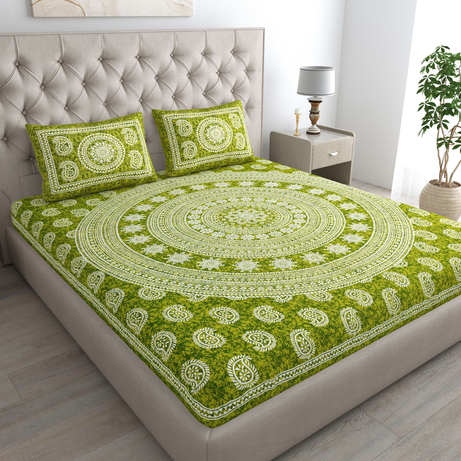 Cotton Double Jaipuri Prints Flat Bedsheet  With 2 Pillow Cover