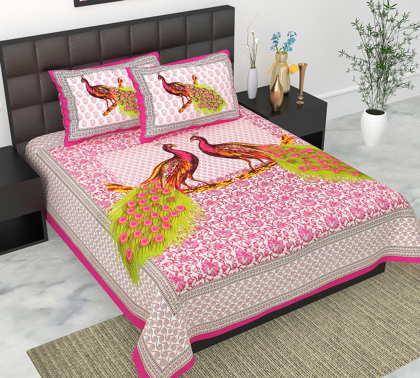 Cotton Double Jaipuri Prints Flat Bedsheet  With 2 Pillow Cover