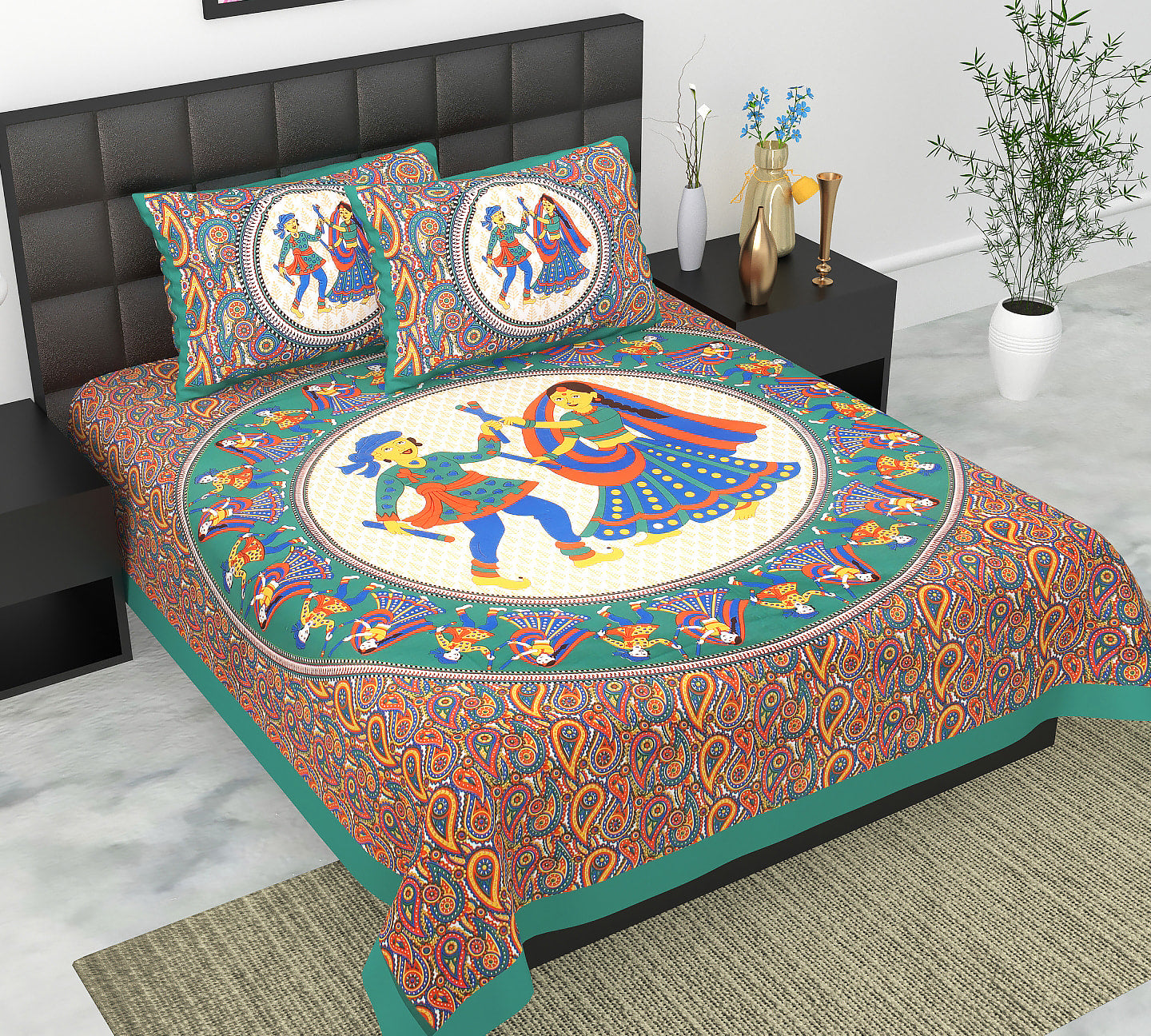Cotton Double Jaipuri Prints Flat Bedsheet  With 2 Pillow Cover