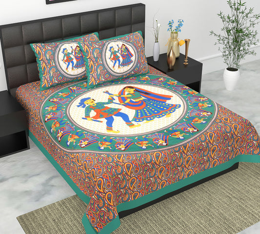 Cotton Double Jaipuri Prints Flat Bedsheet  With 2 Pillow Cover