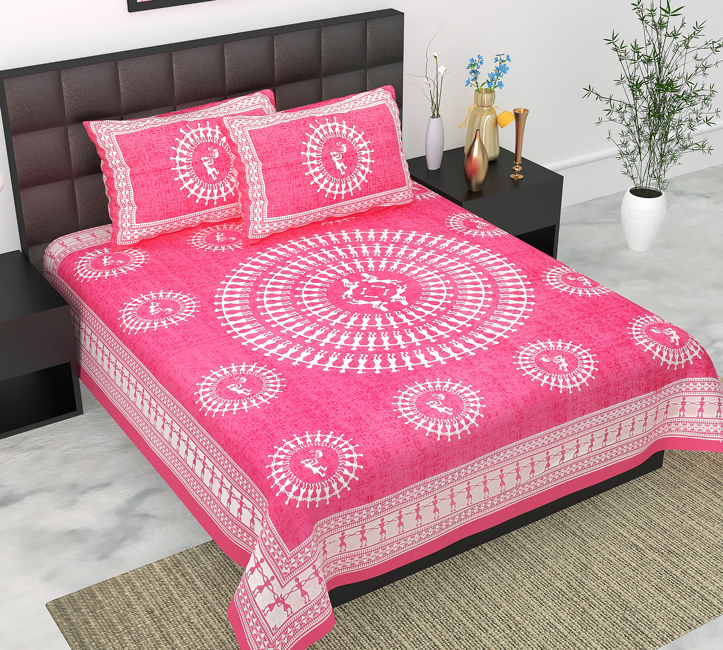 Cotton Double Jaipuri Prints Flat Bedsheet  With 2 Pillow Cover