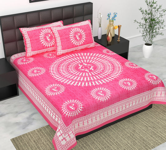 Cotton Double Jaipuri Prints Flat Bedsheet  With 2 Pillow Cover