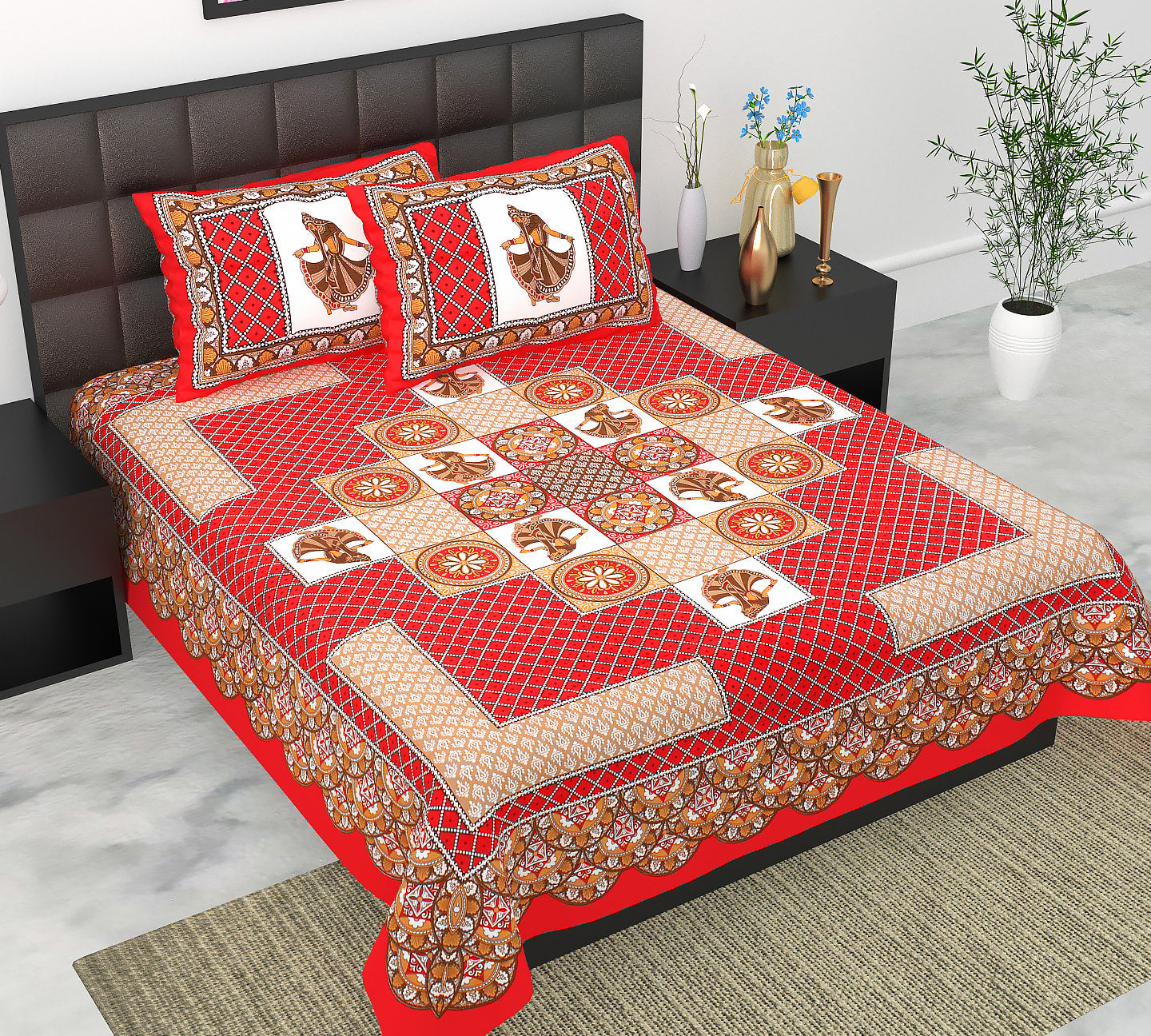 Cotton Double Jaipuri Prints Flat Bedsheet  With 2 Pillow Cover