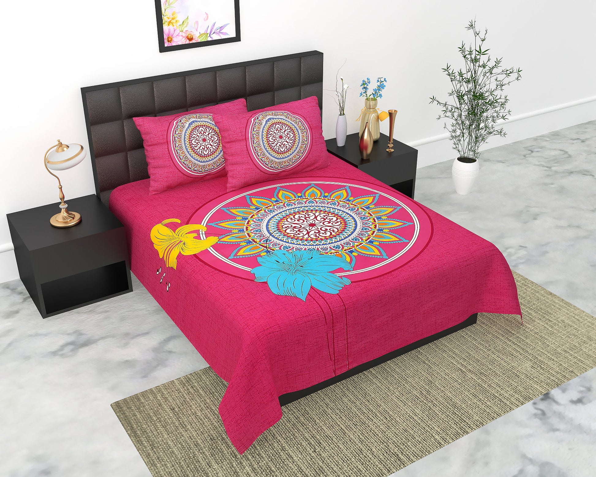 Cotton Double Jaipuri Prints Flat Bedsheet  With 2 Pillow Cover