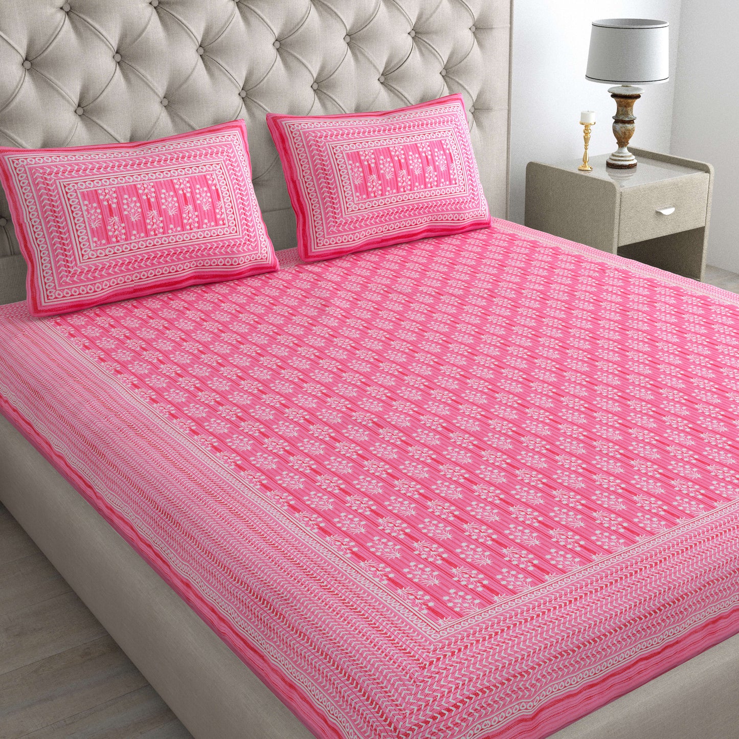 Cotton Double Jaipuri Prints Flat Bedsheet  With 2 Pillow Cover