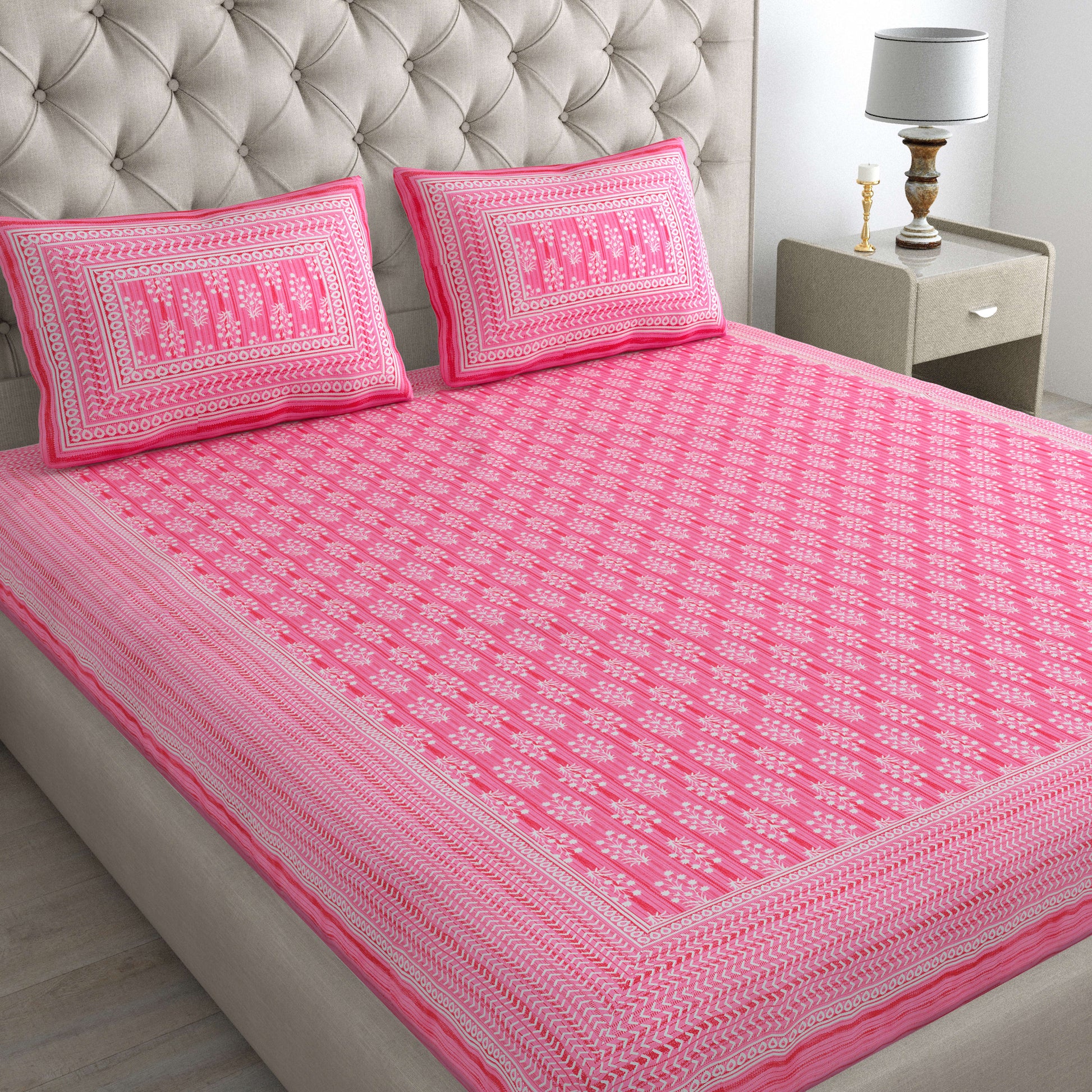 Cotton Double Jaipuri Prints Flat Bedsheet  With 2 Pillow Cover