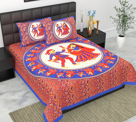 Cotton Double Jaipuri Prints Flat Bedsheet  With 2 Pillow Cover