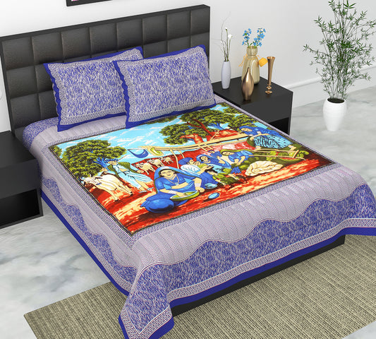 Cotton Double Jaipuri Prints Flat Bedsheet  With 2 Pillow Cover