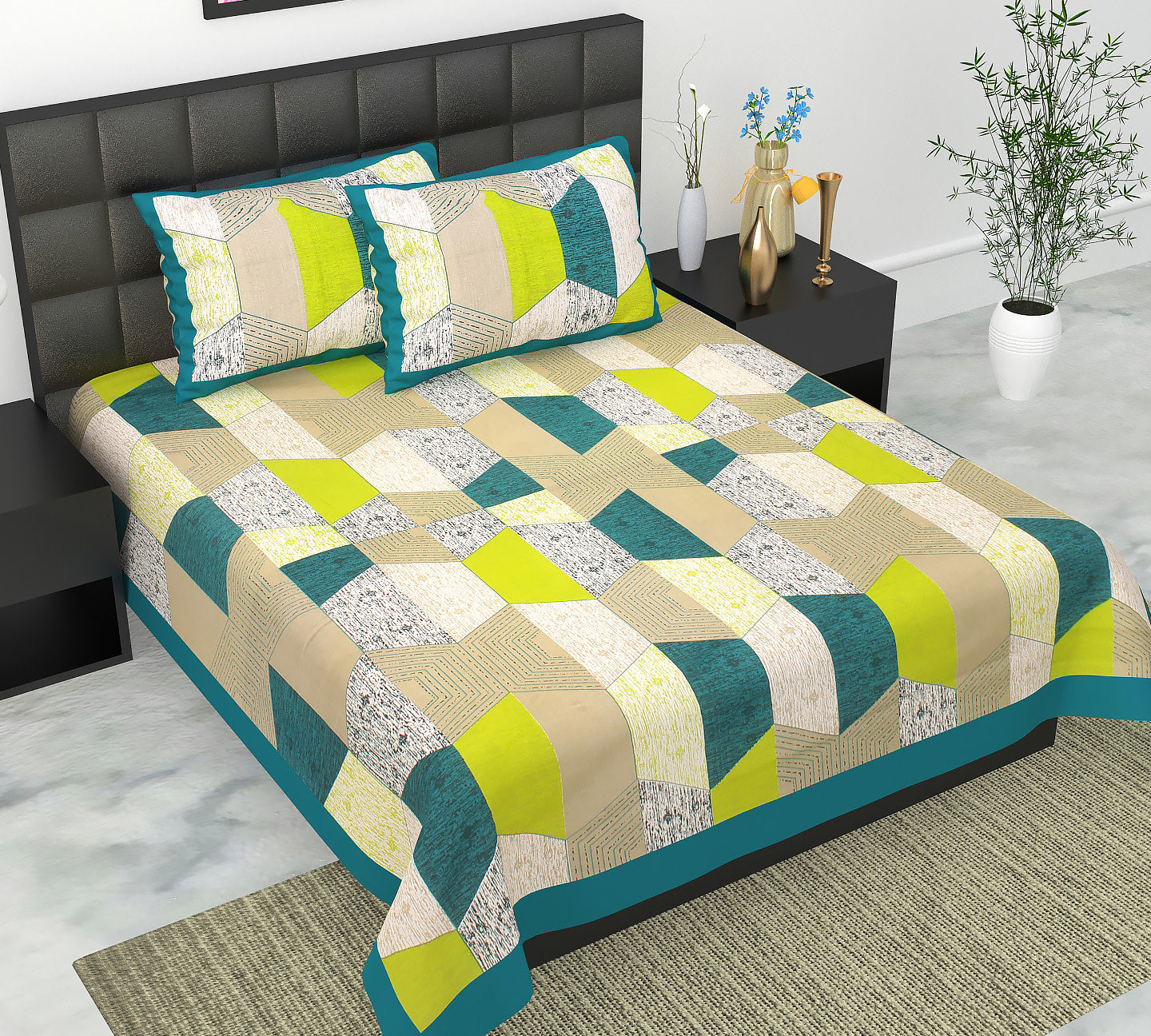 Cotton Double Jaipuri Prints Flat Bedsheet  With 2 Pillow Cover