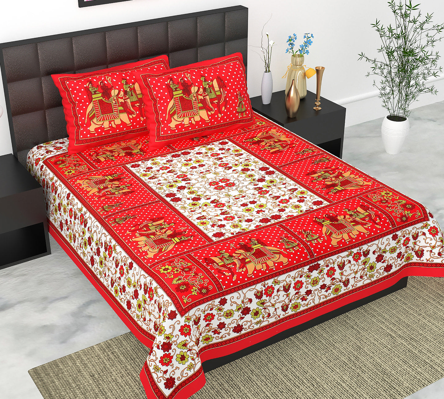 Cotton Double Jaipuri Prints Flat Bedsheet  With 2 Pillow Cover