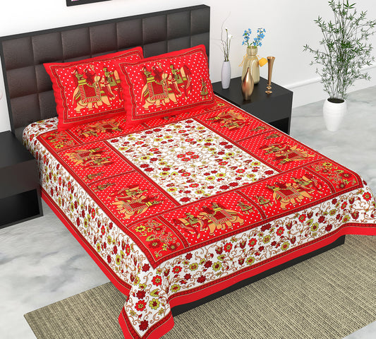 Cotton Double Jaipuri Prints Flat Bedsheet  With 2 Pillow Cover